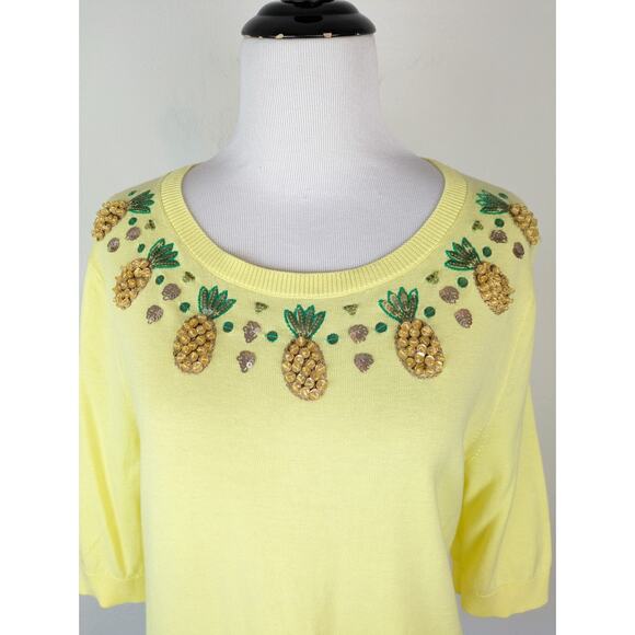 Talbots Sweater Pineapple Beaded Sequins Spring Summer Yellow Novelty Size M - Picture 7 of 15